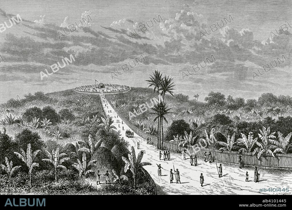 Central Africa. The capital of the Kingdom of Buganda (at present Uganda). It was governed by king Muteesa I of Buganda (1837-1884). Engraving by A. Sargent. Africa inexplorada, el Continente Misterioso by Henry Morton Stanley, c. 1887.