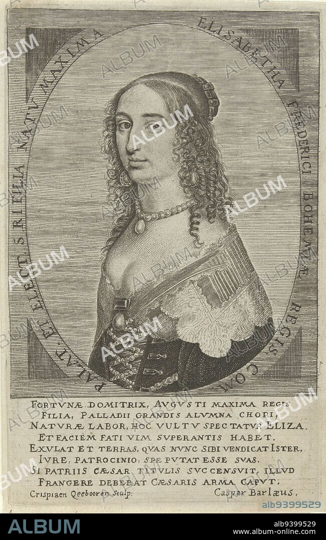 Portrait of Elisabeth of Bohemia, daughter of Frederick V, King of Bohemia (nicknamed the 'Winter King') and Elizabeth Stuart. Elisabeth of Bohemia corresponded with René Descartes and Anna Maria van Schurman, Portrait of Elisabeth of Bohemia, print maker: Crispijn van den Queborn, (mentioned on object), Caspar van Baerle, (mentioned on object), print maker: The Hague, Amsterdam, 1633 - 1652, paper, engraving, h 135 mm × w 85 mm.