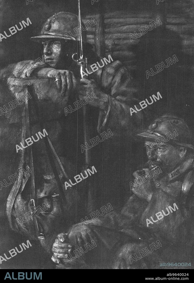 LUCIEN JONAS. 'Les Guetteurs; on ne fume pas au poste d'ecoute, mais il est permis de macher sa pipe, pour tromper l'attente', 1916. From "Collection de la Guerre IV. L'Illustration Tome CXLVIII. La Guerre Juillet, Aout, Septembre, Octobre, Novembre, Decembre 1916". (Night Watch; you don't smoke at the lookout post, you are allowed to chew your pipe, to pss the time).