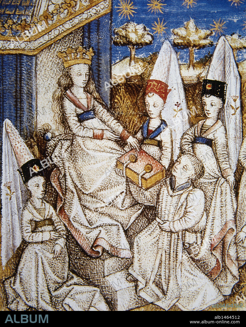 HISTORIA DE LA SOCIEDAD. EDAD MEDIA. "LIVRES DES CLERES ET NOBLES FEMMES". Miniatura del siglo XV con la representación de un "JOVEN HOMBRE OFRECIENDO EL MANUSCRITO A LA CONDESA DE HAUTEVILLE". Castillo de Chantilly. Francia.