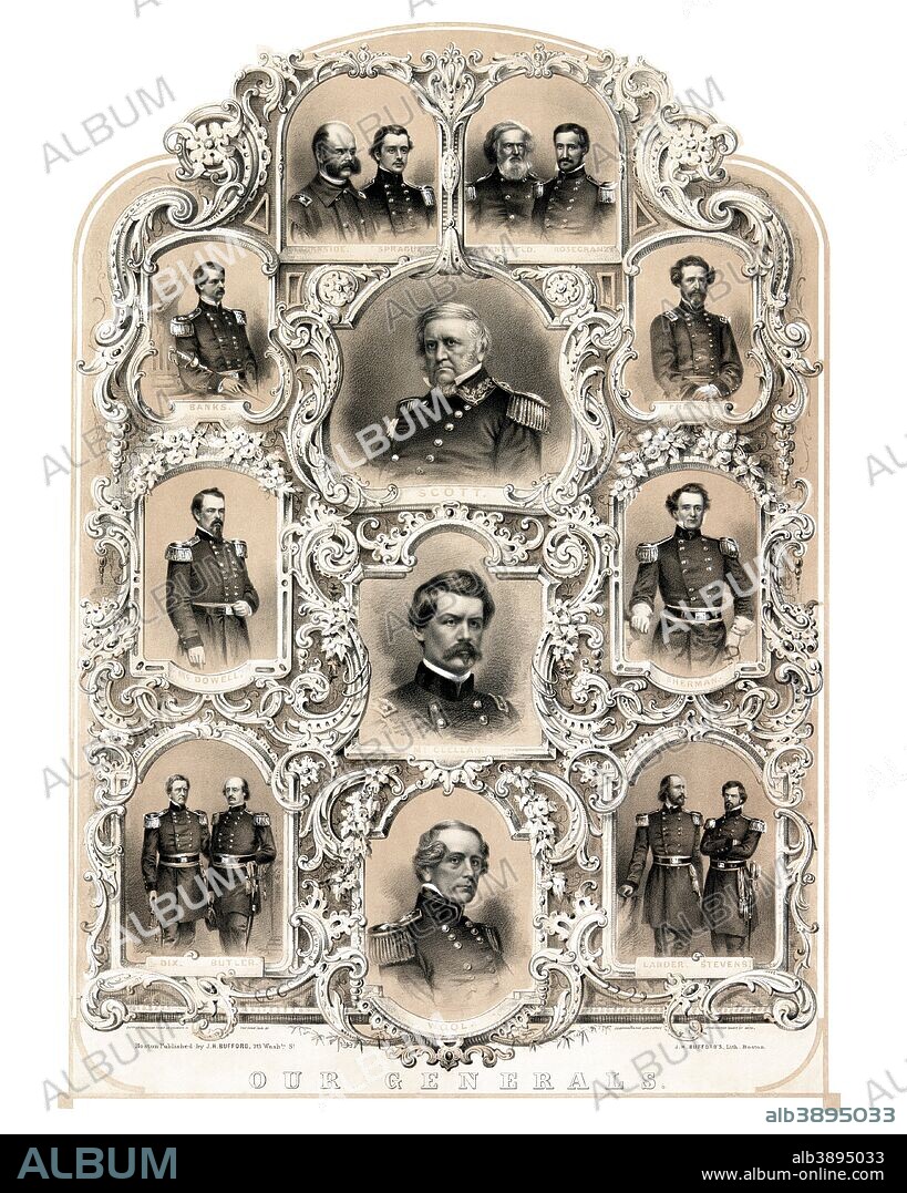 Digitally restored early Civil War print from 1862 featuring the primary Union Generals. Included Generals are, Banks, McDowell, Dix, Butler, Wool, McClellan, Winfield Scott, Burnside, Sprague, Mansfield, Rosecranz, Fremont, Sherman, Lander, and Stevens.