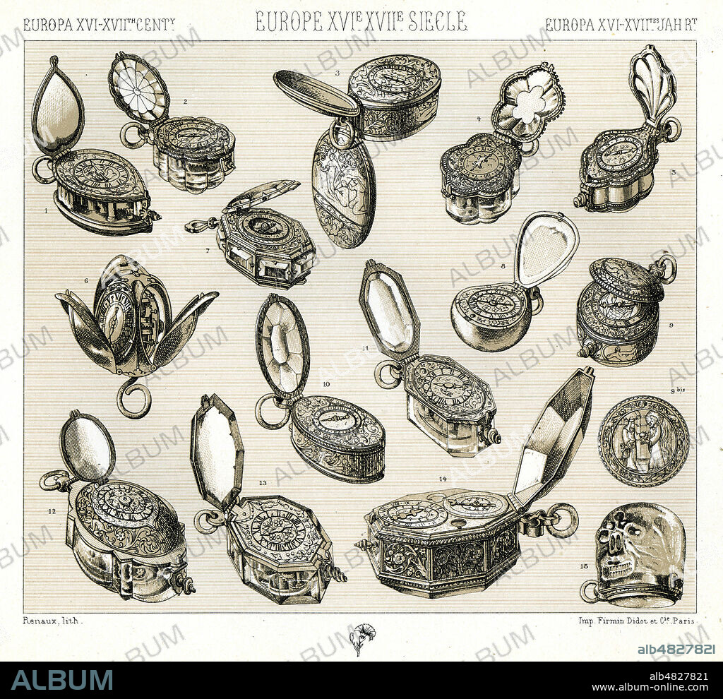 'Europe, 16e et 17e siecles. Objets usuels : les montres dites oeufs de Nuremberg'. Premieres montres de poche ou a suspendre a une chaine, invention attribuee a ¿Peter HENLEIN, horloger allemand a Nuremberg. Planche tiree de l'ouvrage de RACINET (1825-1893) 'Le Costume historique' publie entre 1876 et 1888. Credit : Collection Grob/KHARBINE-TAPABOR.