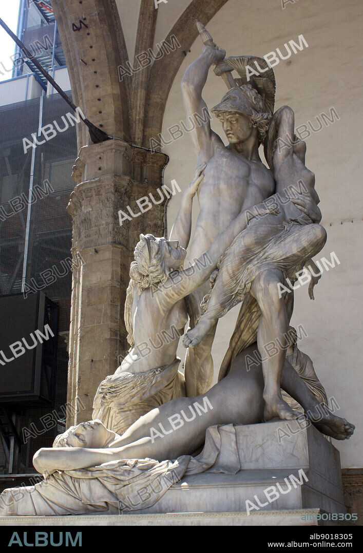 A statue group of the Rape of Polyxena, a diagonal sculpture by Pio Fedi, made in 1865. Stood in the statuary of the Loggia dei Lanzi, a building on a corner of the Piazza della Signoria in Florence, Italy. It adjoins to the Uffizi Gallery.