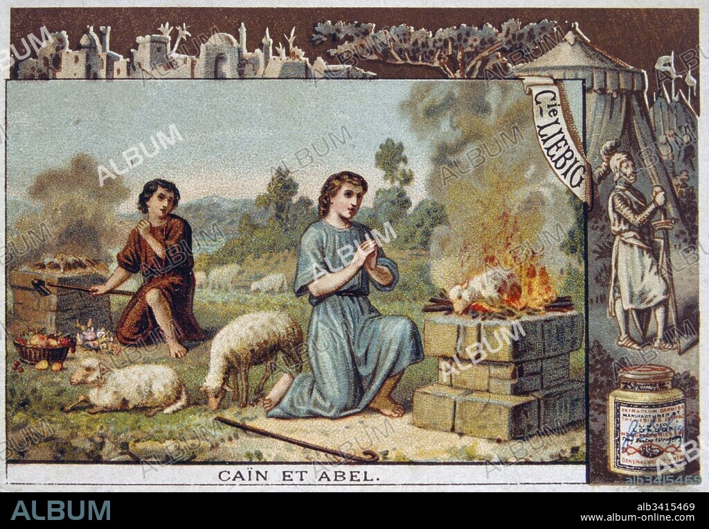 Leibig card depicting a bible scene: Cain and abel offering sacrifices.