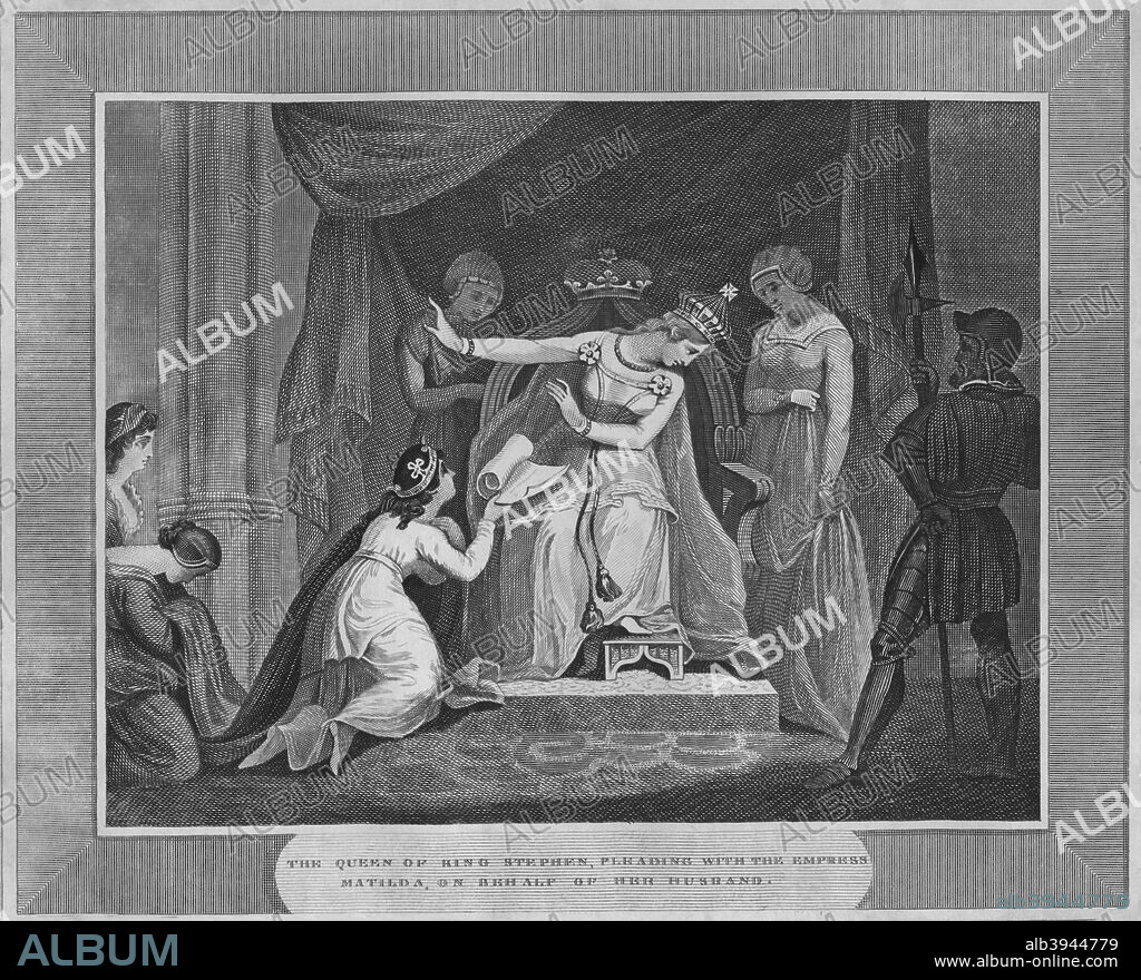 'The Queen of King Stephen, Pleading with the Empress Matilda, on behalf of Her Husband', 1838. Matilda I (1105-1152), Countess of Boulogne, was queen consort of England as the wife of King Stephen. Stephen was imprisoned in 1141 by Empress Matilda (c1102-1167), the claimant to the English throne during the civil war known as the Anarchy. From The History of England, Vol. 1, by David Hume, Esq. & Hewson Clarke, Esq. [Thomas Kelly, London, 1838].