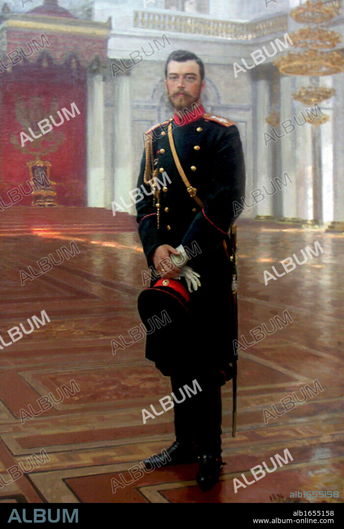 Nicholas II (1868-1918) Tsar of Russia 1894-1917,  1896. Oil on canvas. Ilya Repin (1844-1930) Russian artist. Full-length portrait of Nicholas II in military uniform, holding hat and gloves, standing in throne room.