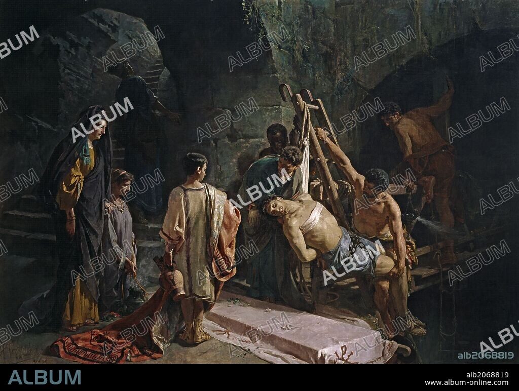Alejandro Ferrant y Fischermans / 'The Burial of Saint Sebastian (Saint Sebastian in the Cloaca Maxima)', 1877, Spanish School, Oil on canvas, 305 cm x 430 cm, P07032.
