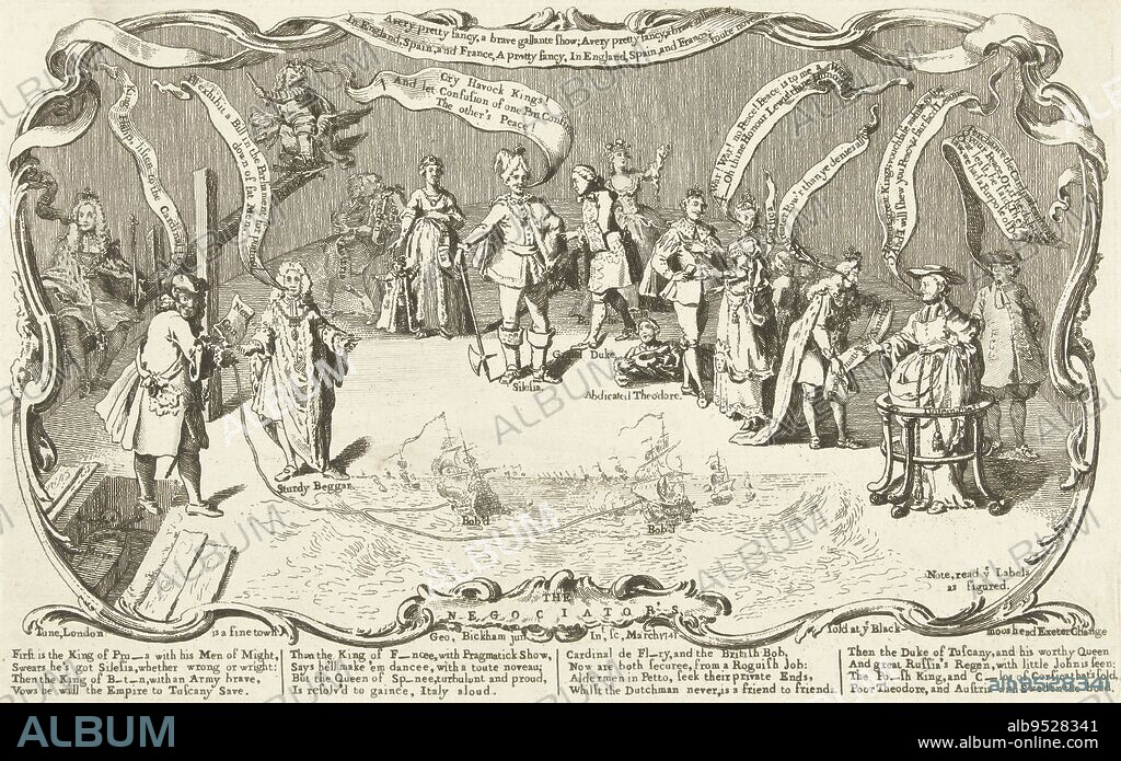 Cartoon on the disputes between the European princes and the French cardinal Fleury in the years 1740-1741 On the right, the cardinal in a scroll, below ships at sea With caption of four verses in English, Cartoon on the disputes between the European princes, 1741 The negociator's , print maker: George Bickham (II), (mentioned on object), George Bickham (II), (mentioned on object), publisher: George Bickham (II), (mentioned on object), London, Mar-1741, paper, etching, letterpress printing, h 200 mm × w 320 mm.