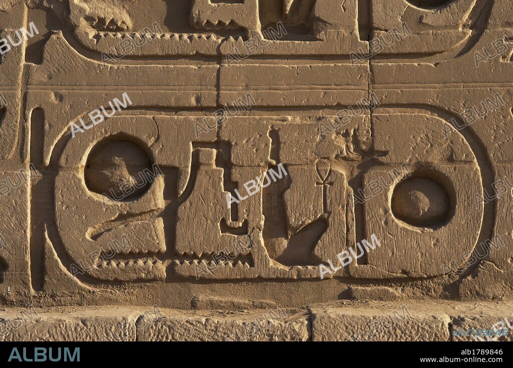 ESCRITURA JEROGLIFICA. EGIPTO. PROTOCOLO REAL DE RAMSES II. Detalle de uno de los CARTUCHOS O ANILLOS REALES del faraón. En ellos se escribía el conjunto de nombres o títulos que asumía el rey en el momento de su ascensión al trono. Detalle del muro cercano al lago artificial del TEMPLO DE KARNAK. Noroeste de Luxor. Egipto. DINASTIA XIX. (1320-1200a. C.). IMPERIO NUEVO.