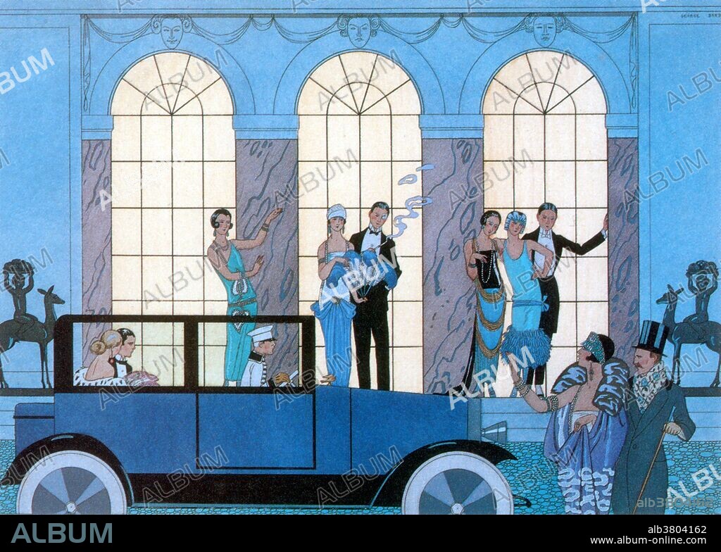 Entitled: "Au revoir (Farewell)" fashion plate by Barbier, 1924. George Barbier (October 10, 1882 - March 16, 1932) was one of the great French illustrators of the early 20th century. By 1911 he was at the forefront of his profession with commissions to design theater and ballet costumes, to illustrate books, and to produce haute couture fashion illustrations. For the next 20 years Barbier led a group from the Ecole des Beaux Arts. He died in 1932 at the very pinnacle of his success. Fashion is a distinctive and often habitual trend in the style in which a person dresses. It is the prevailing styles in behavior and the newest creations of textile designers. Prior to the mid-19th century, most clothing was custom-made. It was handmade for individuals, either as home production or on order from dressmakers and tailors. By the beginning of the 20th century, with the rise of new technologies such as the sewing machine, the development of the factory system of production, and the emergence of department stores, clothing had increasingly come to be mass-produced in standard sizes and sold at fixed prices.