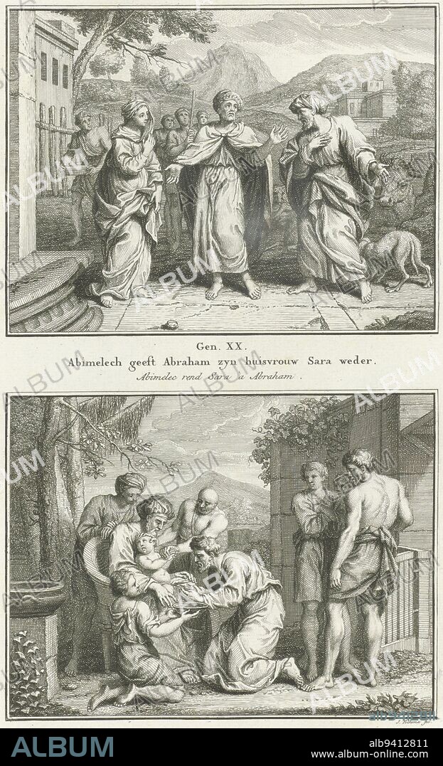 King Abimelech returns Sarah to Abraham and the circumcision of Isaac, Jacob Folkema, 1791, Two biblical representations from Gen. 20 and 21. King Abimelech returns Sarah to Abraham, and the circumcision of Isaac. Two representations of one plate, each titled in Dutch and French. Numbered in the lower right: 10., print maker: Jacob Folkema, (mentioned on object), publisher: Johannes de Groot (II), publisher: Abraham Blussé & Zoon, publisher: Amsterdam, publisher: Dordrecht, 1791, paper, etching, h 320 mm × w 188 mm.