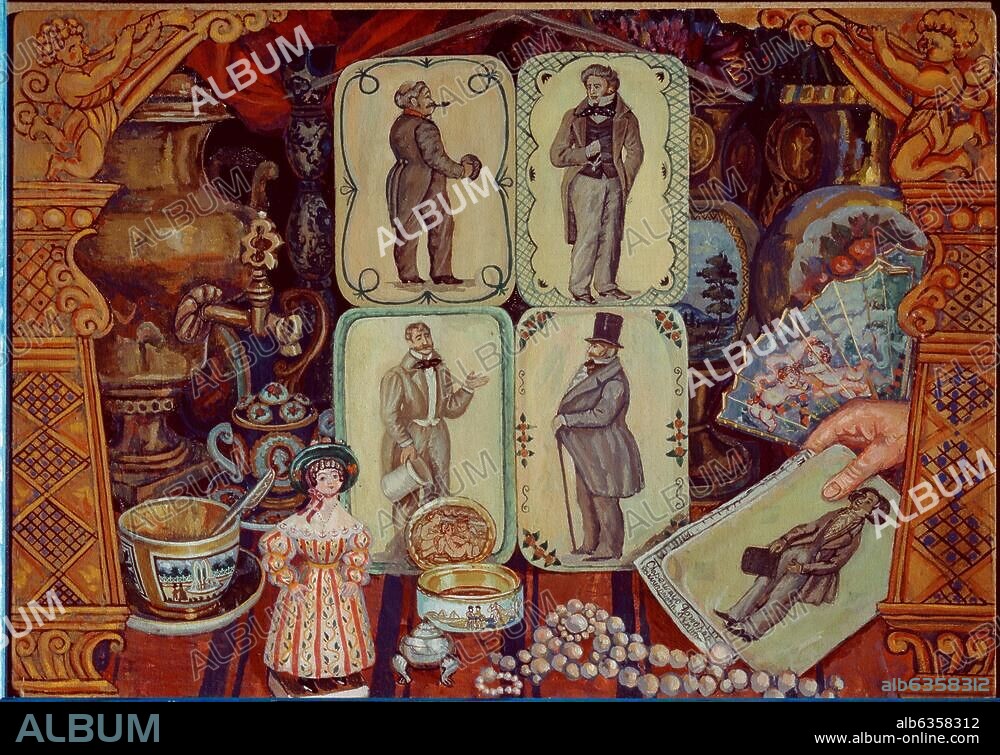 Gogol, Nikolaj Wassiljewitsch; russ. Schriftsteller; 1809-1852. Werke: Shenitba - Die Heirat (Schauspiel; UA 1842). Bühnenbild. Entwurf, 1996, von Maria Gennadiewna Kostrowa (geb. 1970). Tempera auf Karton, 56 × 70 cm. Moskau, ROSIZO State Center for Museums.