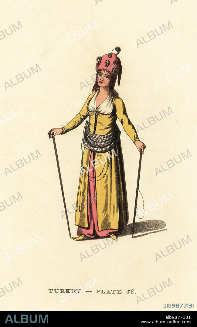 Attendant to the Harem of the Sultan. She wears a tall hat, yellow robes and slippers, girdle, and staffs. She keeps order in the Seraglio and punishes the Odalisks. Handcoloured copperplate engraving after Octavian Dalvimart from William Alexanders translation of Picturesque Representations of the Dress and Manners of the Turks, Thomas MLean, London, 1814.