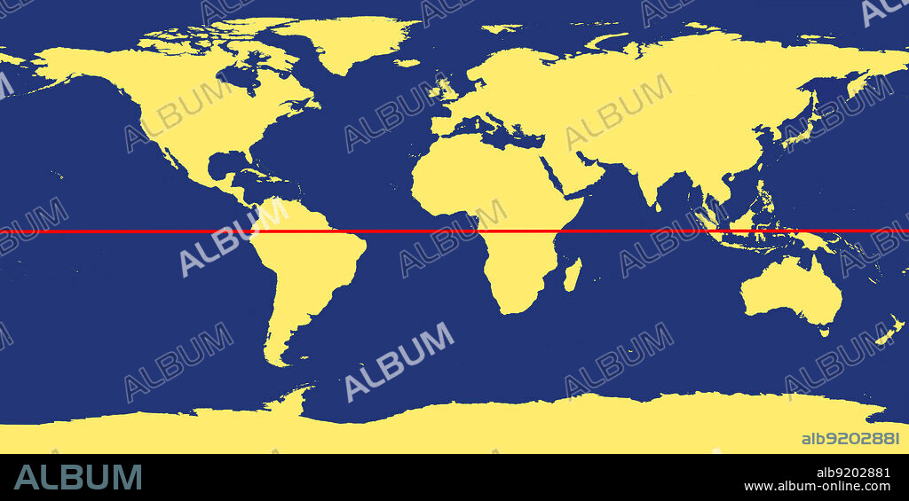 Outline of world map, showing the continents, oceans and equator (in red).
