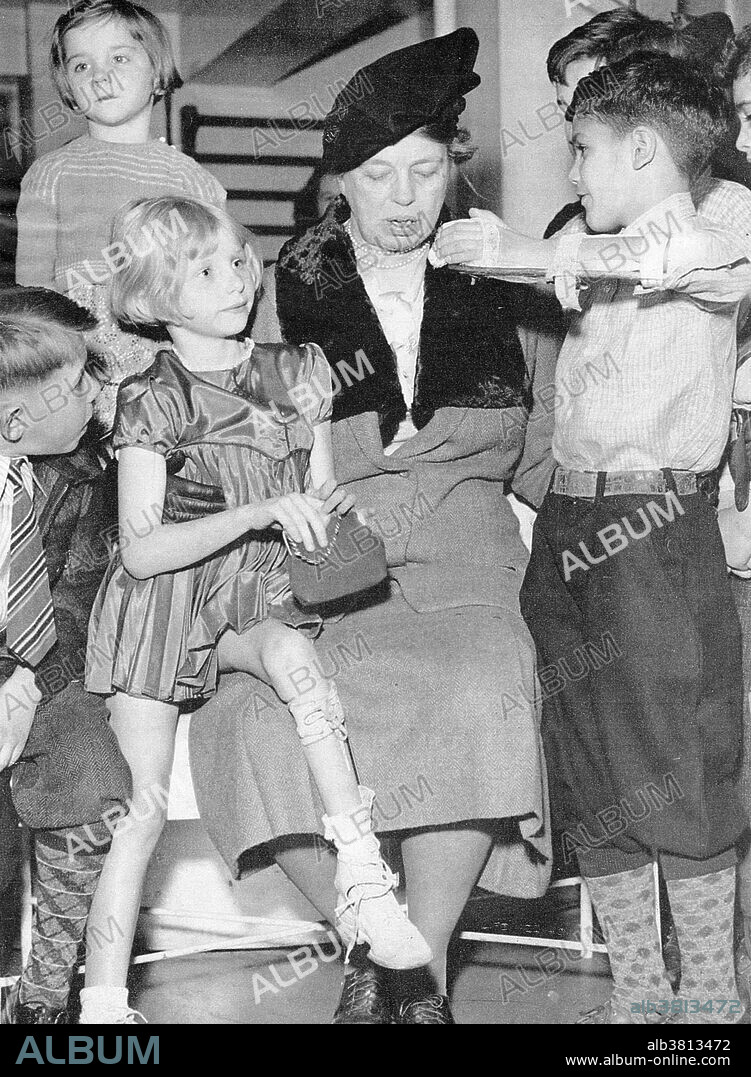 Young polio victims in Washington D.C. greet Eleanor Roosevelt. January 22, 1940. Anna Eleanor Roosevelt (October 11, 1884 - November 7, 1962) was an American politician. She married her fifth cousin once removed, Franklin Delano Roosevelt, in 1905. After discovering Franklin's affair with Lucy Mercer, she resolved to seek fulfillment in a public life of her own. She persuaded Franklin to stay in politics following his partial paralysis from polio, and began to give speeches and campaign in his place. She was a controversial First Lady for her outspokenness, particularly her stance on racial issues. She was the first presidential spouse to hold press conferences, write a syndicated newspaper column, and speak at a national convention. She advocated for expanded roles for women in the workplace, the civil rights of African-Americans and Asian-Americans, and the rights of WWII refugees.