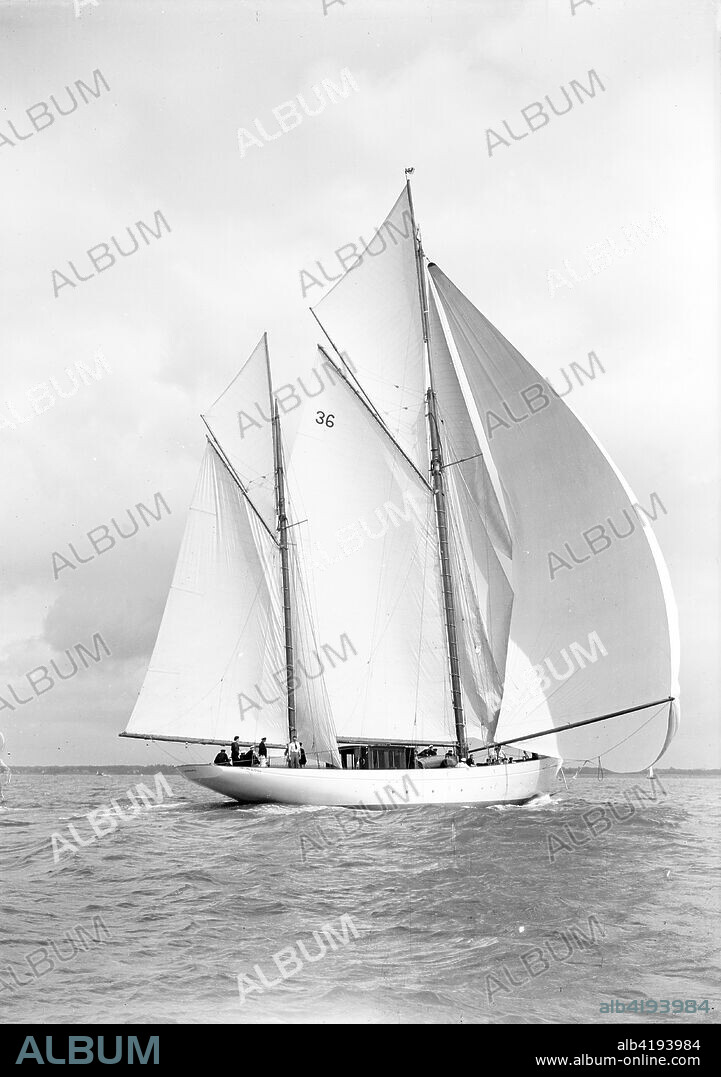 The 105 ft ketch 'Thendara' sailing with spinnaker. 1939. 'Thendara' was designed by Alfred Mylne for the Scottish yachtsman Sir Arthur Young. She was launched in 1937 and is still racing today.
