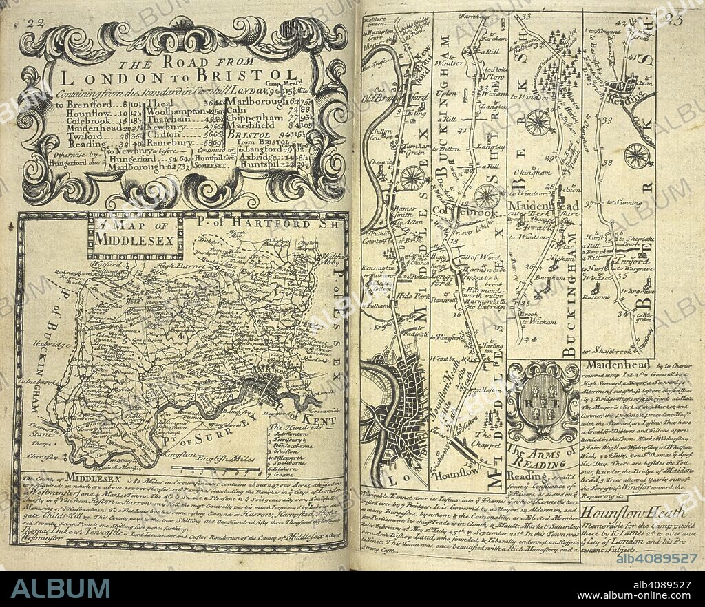 JOHN OGILBY. 'The road from London to Bristol'. A map of Middlesex. Britannia depicta or Ogilby improv'd; being a correct coppy of Mr. Ogilby's Actual survey of all ye direct & principal cross roads in England and Wales... London : printed for & sold by Tho: Bowles & Em Bowen, 1720. Source: RB.23.a.22274 pages 22-23.