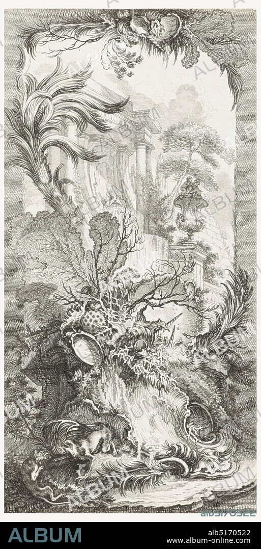 Rocaille (rococo design), in Nouveaux morceaux pour des paravents (New concepts for screens), François Boucher, French, 1703 1770, Claude Augustin Duflos, French, 17001786, Etching, engraving on white paper, A shell-work fountain on a mound of rockwork in the foreground, with two monkeys at the left. In the background, a temple portico houses another fountain, with vase and pyramid beside it., 1730s, ornament, Print, Print.