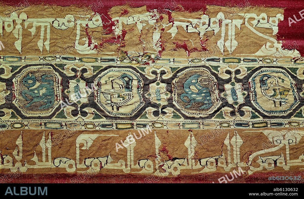 Embroidered piece of fabric from Hisham II's time (976-1009), last caliph of the Omeyyades' dynasty.. Found in the city of Medina Azahara (near Cordoba). 10th century. History Academy of Madrid.