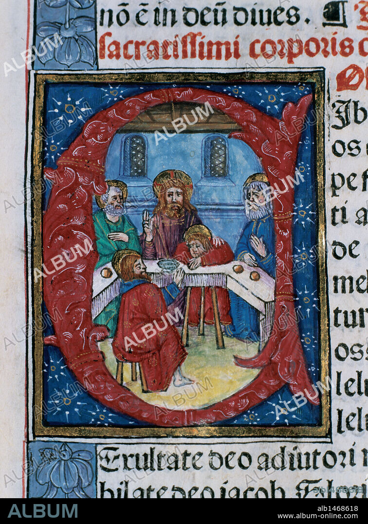 Letra capitular con la REPRESENTACION DE "LA SANTA CENA". "MISAL" del siglo XVI, escrito en latín. Códice 9, folio 108. Impreso en el año 1524 en la Imprenta Rosembach (Barcelona). Archivo Capitular de Tortosa. Provincia de Tarragona. Cataluña.