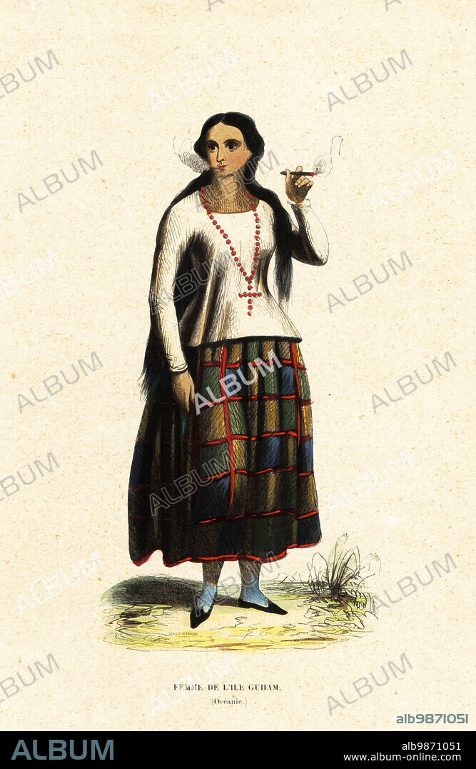 Chamorro woman of the island of Guam, Mariana Islands, Micronesia. Josephe Cortez, daugher of the Alcalde (Mayor) of Umati. She wears a cross, chemise and petticoat, and smokes a cigar. Femme de lile Guham (Oceanie). After an illustration by Jacques Arago from Freycinets voyage. Handcoloured woodcut by A. Vangauberghe after Jacques Arago from Auguste Wahlen's Moeurs, Usages et Costumes de tous les Peuples du Monde, (Manners, Customs and Costumes of all the People of the World) Librairie Historique-Artistique, Brussels, 1845.