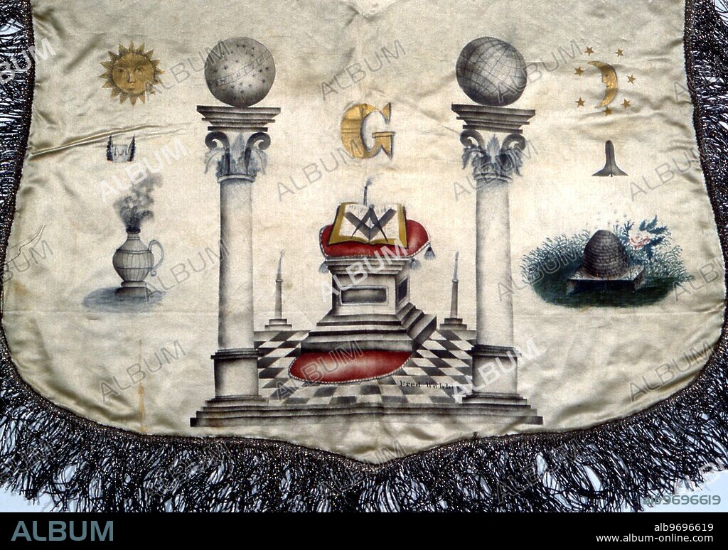 MASONIC - SYMBOLS OF TWO PILLARS. The two pillars of Jachin and Boaz, painted on a 19th century French Mason's apron (lambskin). The G stands for Geometry. In the collection of the Supreme Council (Southern Jurisdiction) Washington DC.