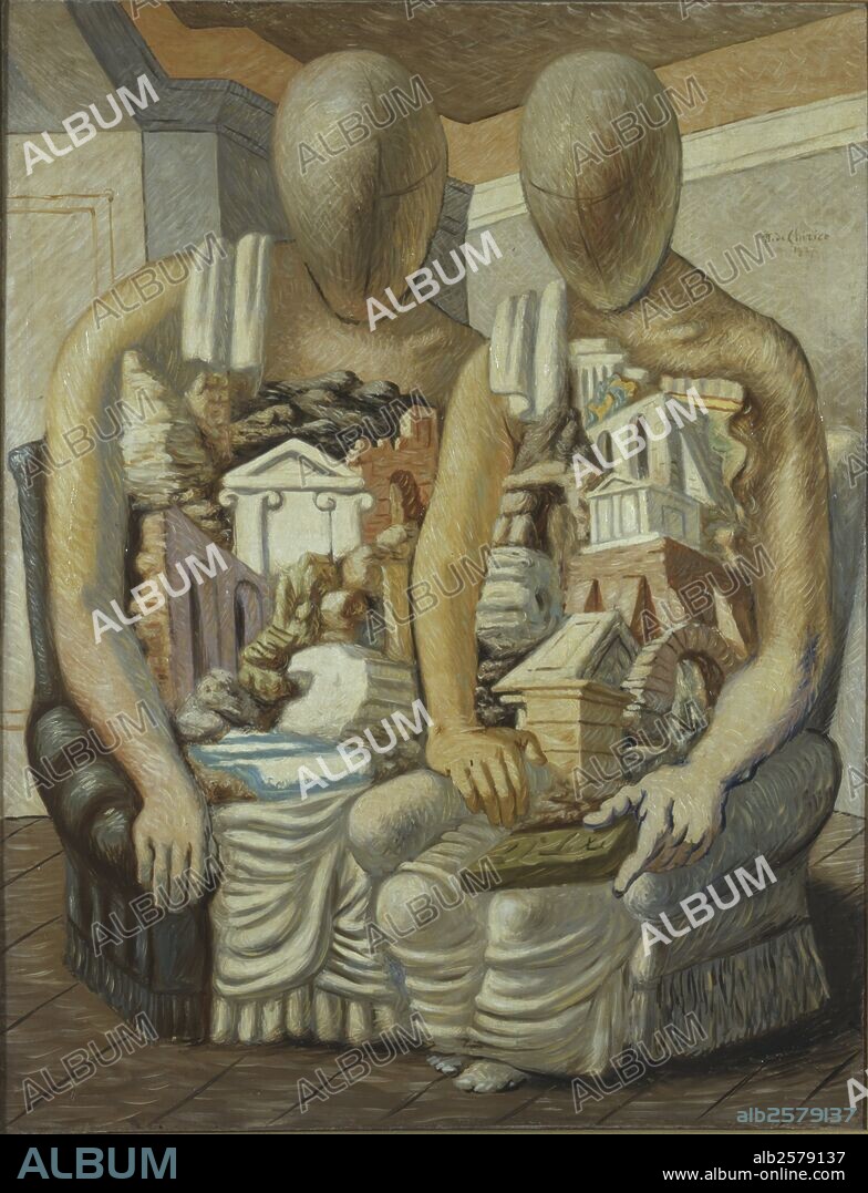 The Archaeologists (Gli archeologi), by Giorgio De Chirico, 1927, 20th Century, oil on canvas, 116 x 89 cm. Italy, Lazio, Rome, National Gallery of Modern Art - GNAM. Whole artwork view. Two mannequins are sitting on chairs in casual attitude, which generates metaphysical disorientation; their torso is made up of classic elements such as temples, columns, Roman aqueducts; the room where they sit is small and barely contains these ambiguous, featureless figures. The Archaeologists (Gli archeologi), by Giorgio De Chirico, 1927, 20th Century, oil on canvas, 116 x 89 cm.
