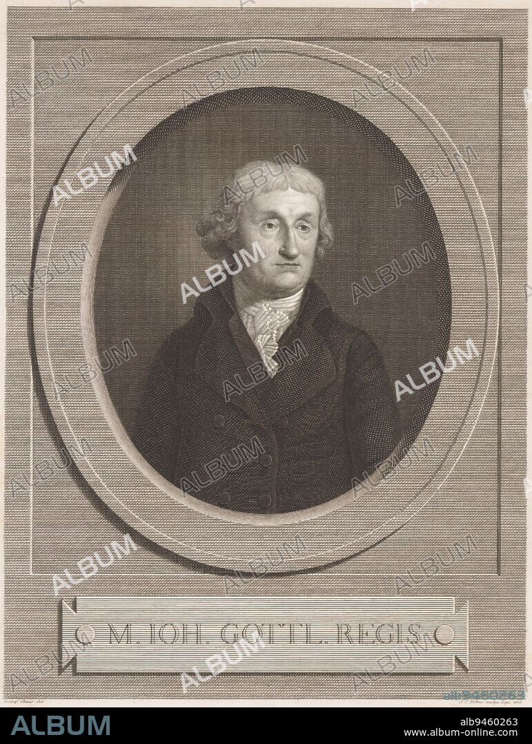 Portrait of Johann Gottlob Regis, Johann Christiaan Böhme, after Gotthelf Leberecht Glaeser, 1808, print maker: Johann Christiaan Böhme, (mentioned on object), intermediary draughtsman: Gotthelf Leberecht Glaeser, (mentioned on object), Leipzig, 1808, paper, engraving, h 350 mm × w 274 mm.