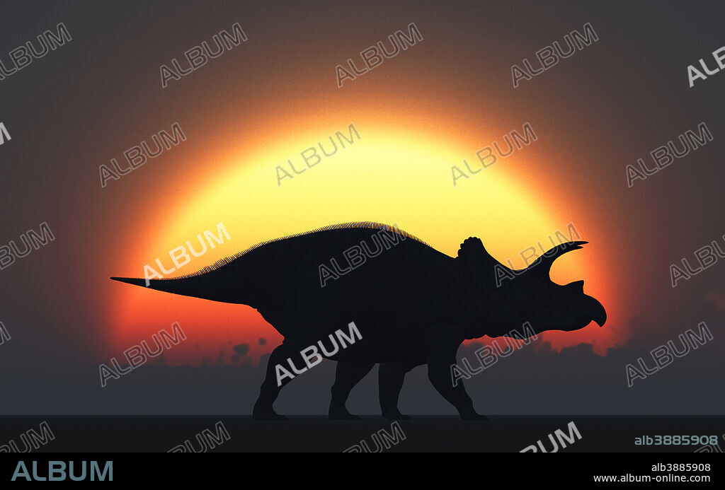 A silhouetted Triceratops strolling past a setting Sun at the end of a prehistoric day.