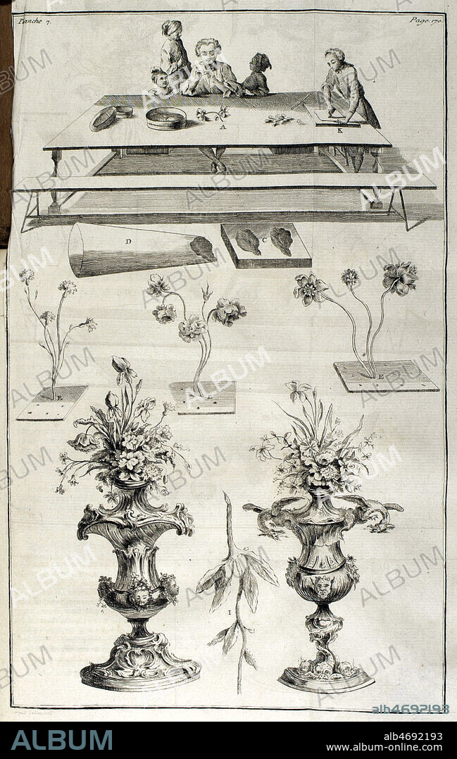 Preparation du pastillage: realisation de fleurs en sucre pour la decoration des tables, Le Cannameliste francais ou nouvelle instruction pour ceux qui desirent d'apprendre l'office, 1768 par Joseph GILLIERS chef d'office et distillateur de S.M. le roi de Pologne. Premiere edition 1751. Credit: Coll. BHVP-Grob/KHARBINE-TAPABOR.