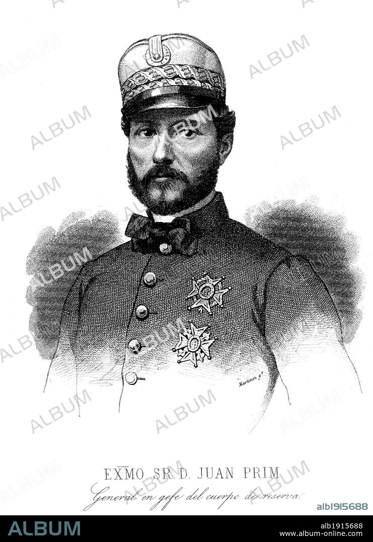 Personajes. General Juan Prim y Prats (Reus, 1814-Madrid, 1870), conde Reus. Militar y político progresista español. General en jefe del cuerpo de reserva del ejército. Guerra de África. Grabado de 1860.