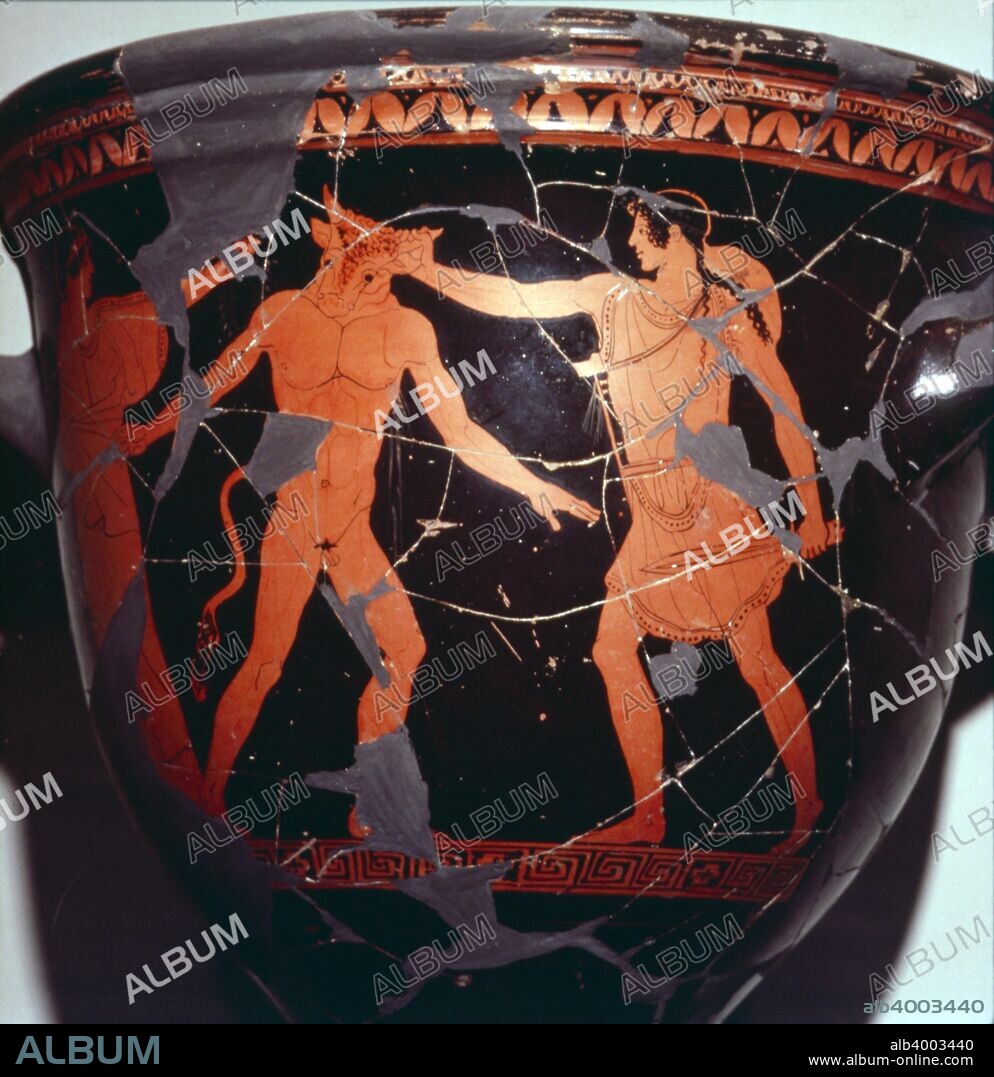 Theseus kills the Minotaur (with Ariadne present), Greek Vase painting, 5th Century BC.  Hermonax was a Greek vase painter working in the red-figure style. He painted between ca. 470 and 440 BC in Athens. At Argos Museum.