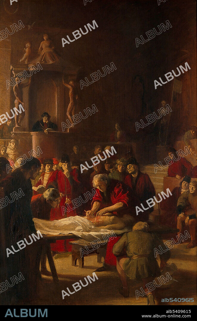Mondino de Luzzi, the Italian anatomist, making his first dissection in the anatomy theatre at Bologna, 1318. Mondino de Luzzi (1270 - 1326) was an Italian physician, anatomist, and professor of surgery. He was the first to incorporate a systematic study of anatomy and dissection into a medical curriculum. He performed his first public dissection in Bologna in January 1315 in the presence of medical students and other spectators. The proceedings were formally sanctioned by the Vatican, and the subject was mostly likely a female executed criminal. Mondino's teaching methods were unique because he often performed dissections in person and served the role of demonstrator himself, carefully studying the cadaver and incorporating this personal experience into his text and teaching. His major work, Anathomia corporis humani, written in 1316, is considered the first example of a modern dissection manual, the first true anatomical text and remained the most widely used anatomical text for 250 years. He died in 1326 at the age of 55 or 56. Oil painting by Ernest Board, undated.