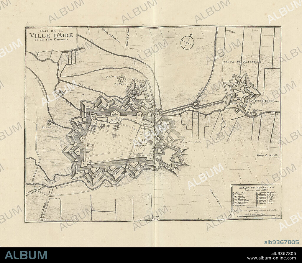 Map of Aire, 1710, Plan de la ville d'Aire et du Fort St. François (title on object), Map of the fortifications surrounding the town of Aire and Fort St. François, besieged and taken by the Allies in 1710. Bottom right a cartouche with the legend A-S in French. Part of a bundled collection of plans of battles and cities renowned in the War of the Spanish Succession., print maker: Jacobus Harrewijn (mentioned on object), publisher: Eugene Henry Fricx (mentioned on object), Brussels, 1710, paper, etching, height 360 mm × width 480 mm.
