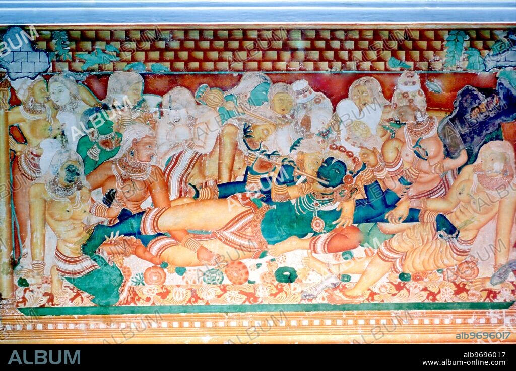 Hinduism - Hindu mythology - Krishna reclining, surrounded by Gopis. Fresco in the Mattancherry Palace, Cochin (India) - ©TopFoto/CW.