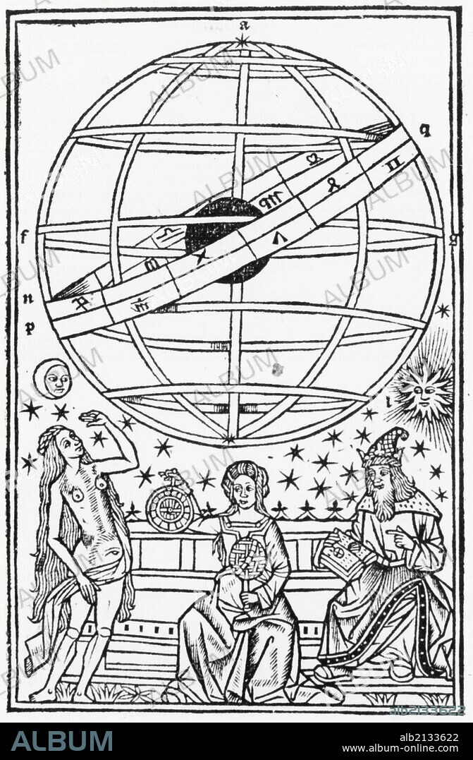Ptolemy, right, and Astronomy, beneath a geocentric armillary sphere. Woodcut 1515.  (Photo by: Universal History Archive/UIG via Getty Images).