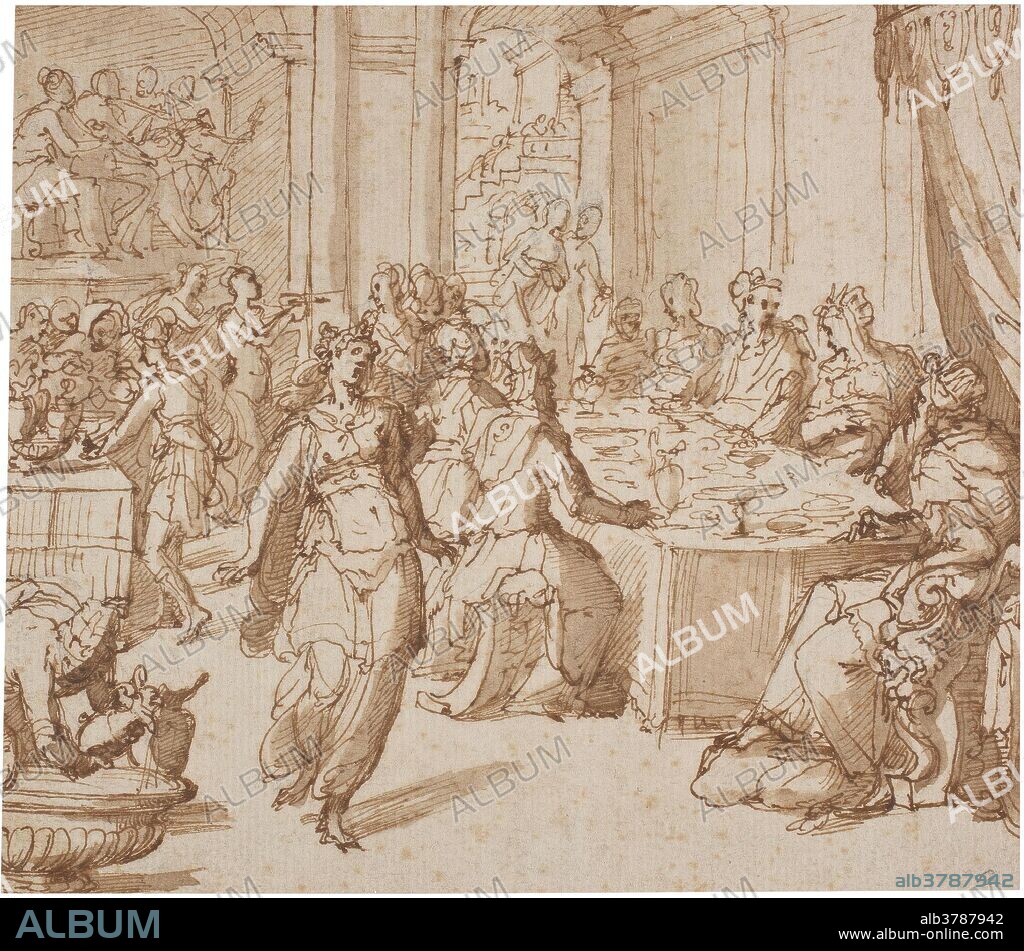 Giovanni Battista Naldini / 'Danza de Salomé'. Mediados del siglo XVI. Aguada, Pluma, Tinta parda sobre papel amarillento, 125 x 140 mm.