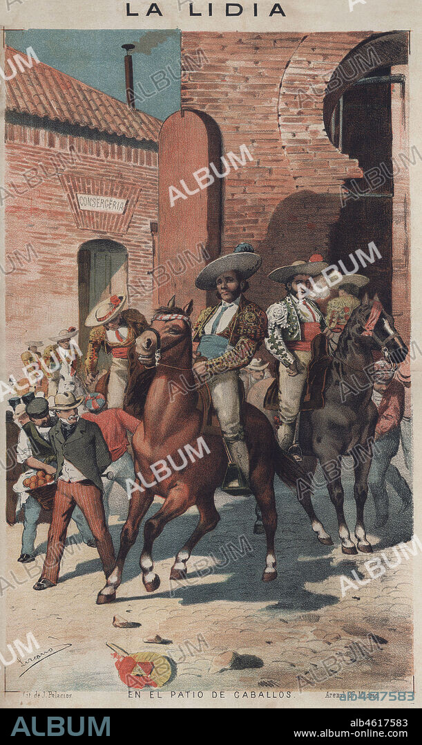 La lidia. En el patio de caballos. Los picadores y sus ayudantes a la espera de salir al ruedo.Año 1883.