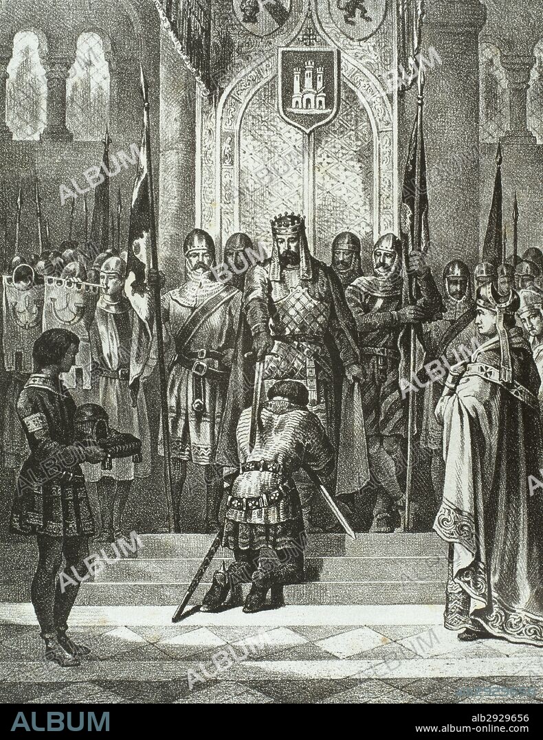 ALFONSO IX (1171-1230). Rey de León (1188-1230). Hijo de Fernando II y Urraca de Portugal. Alfonso IX armado caballero por su primo el rey Alfonso VIII (1155-1214). Grabado de Historia de España Ilustrada, siglo XIX.