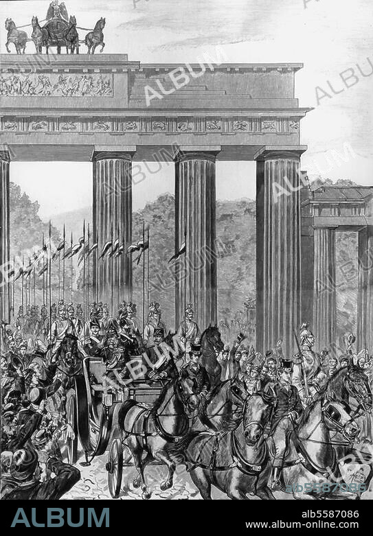 Franz Joseph I, Emperor of Austria. (1848-1916) and King of Hungary (1867-1916); 18.8.1830 - 21.11.1916. The Emperor arrives in Berlin. (12 August 1889; in the chariot with German Kaiser Wilhelm II). Woodcut after a drawing by Ernst Hosang. (born 1857). From: Das Buch für Alle, 25th year, 1890, Book 4.