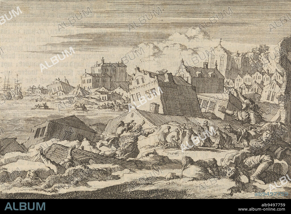Earthquake in Jamaica destroying the city of Port Royal, 1615, print maker: Jan Luyken, publisher: Pieter van der Aa (I), print maker: Amsterdam, publisher: Leiden, 1698, paper, etching, letterpress printing, h 109 mm × w 156 mm.