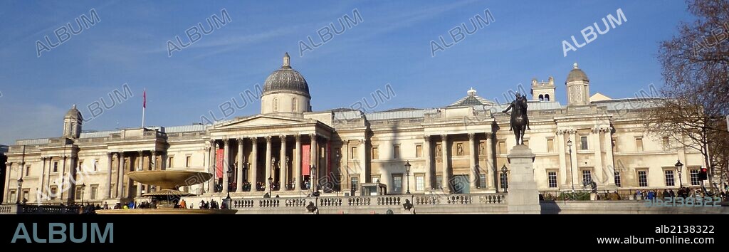 National Gallery, Trafalgar Square, London. Designed by William Wilkins in 1832–1838 AD. Photographed panoramically. (Photo by: Universal History Archive/UIG via Getty Images).