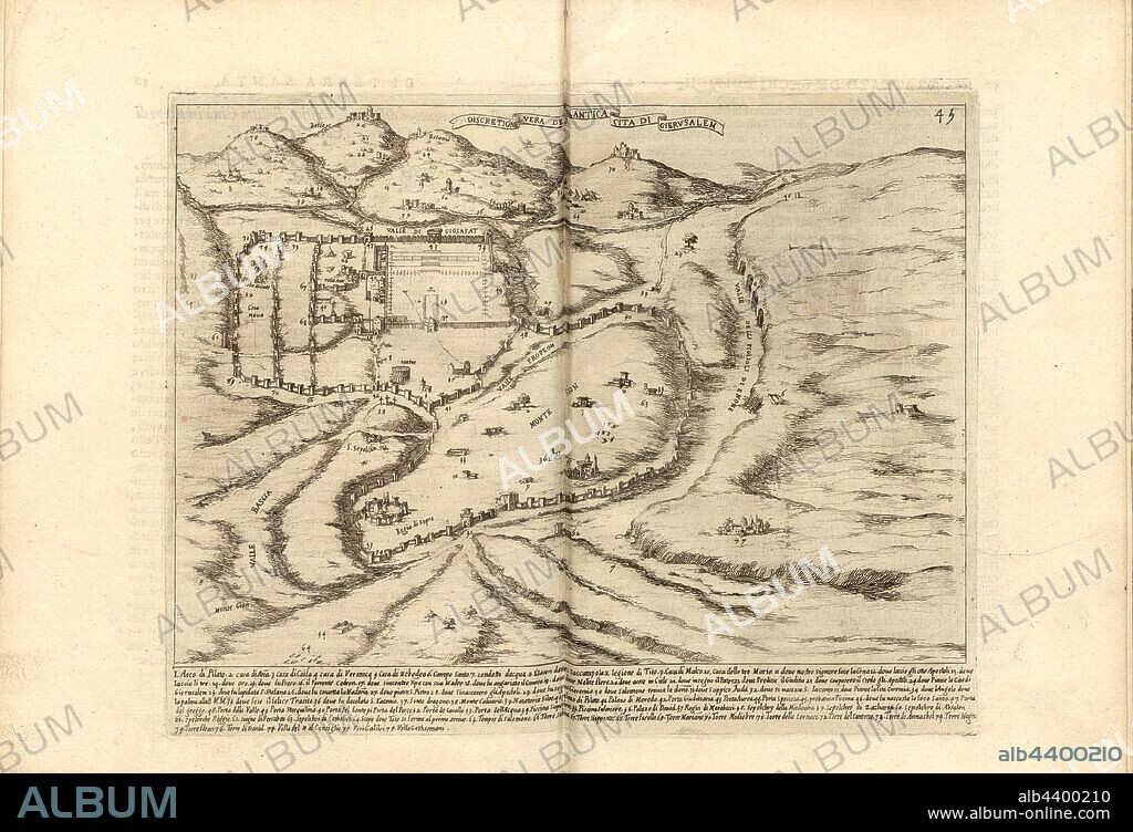 True discretion of the ancient City of Jerusalem, City of Jerusalem in ancient times after Bernardino Amico, Fig. 32, 45, after p. 56, Amico, Bernardino (inv.); Tempesta, Antonio (sc.), 1591, Bernardino Amico da Gallipoli: Trattato delle Piante & Immagini de Sacri Edifizi di Terra Santa disegnate in Jerusalemme secondo le regole della Prospettiva & vera misura della lor grandezza. Firenza: appresso Pietro Cecconcelli, 1620 (am Schluss M.DC.XIX [1619]).