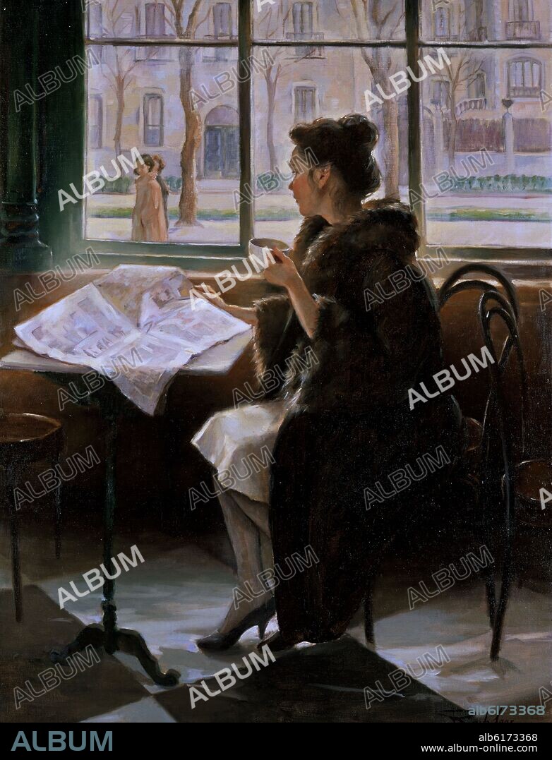 RICARDO SANZ 1957/. (INTERIOR DE CAFETERIA - MUJER TOMANDO CAFE Y LEYENDO EL PERIODICO) - SIGLO XX.