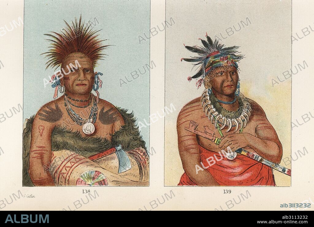 Shon-ka-ki-he-ga, Horse Chief of the Grand Pawnee nation 138, and Haw-che-ke-sug-ga, He Who Kills the Osage, aged chief of the Missouries (Missouria or Niuachi) 139. Handcoloured lithograph from George Catlin's Manners, Customs and Condition of the North American Indians, London, 1841.