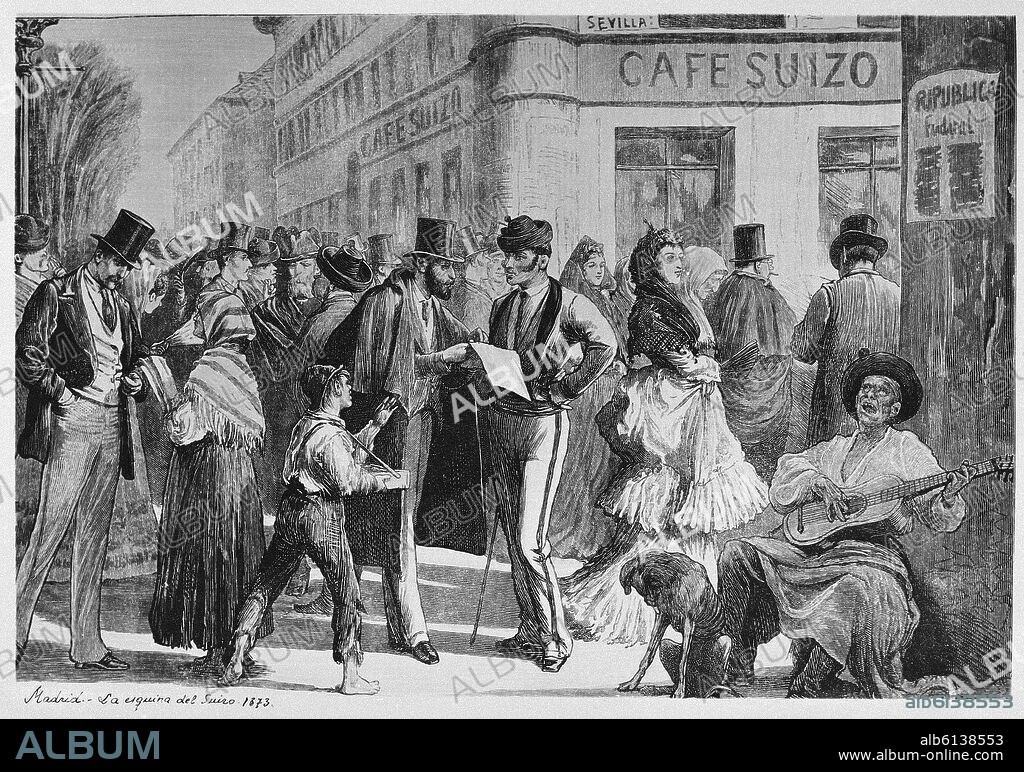 ESQUINA DEL CAFE SUIZO EN MADRID EN 1873 - GRABADO COSTUMBRISTA - 1873.