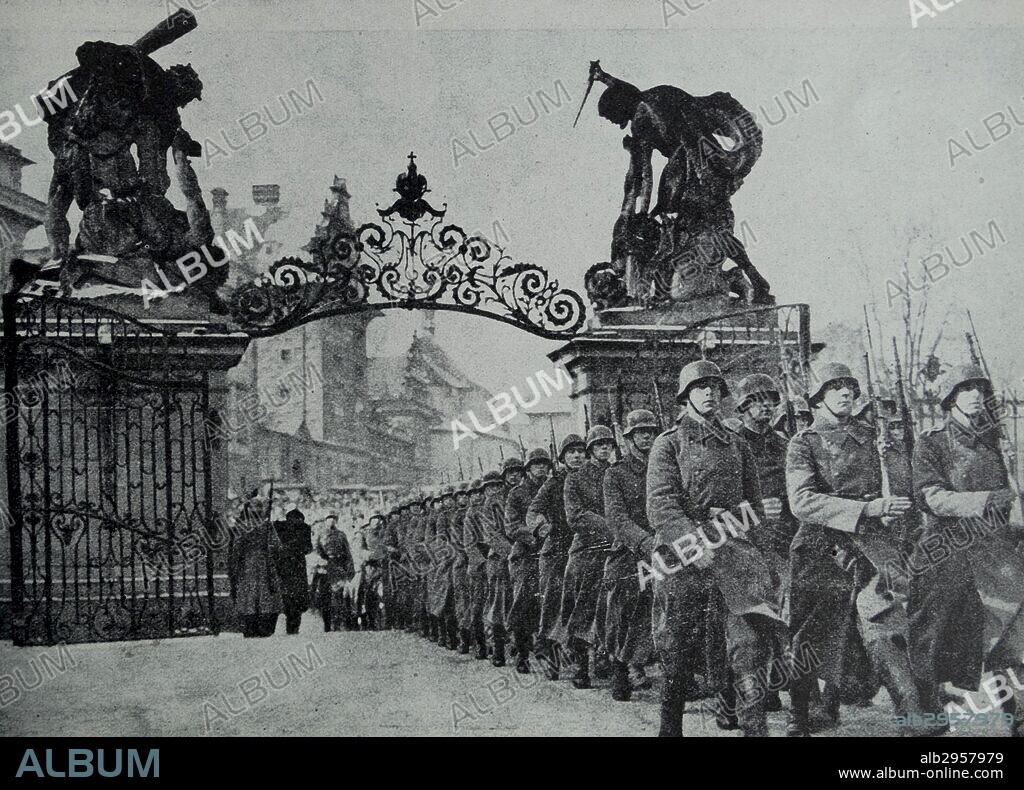 Photograph of Nazis occupying Prague Castle after Adolf Hitler spent the night. Dated 1939.