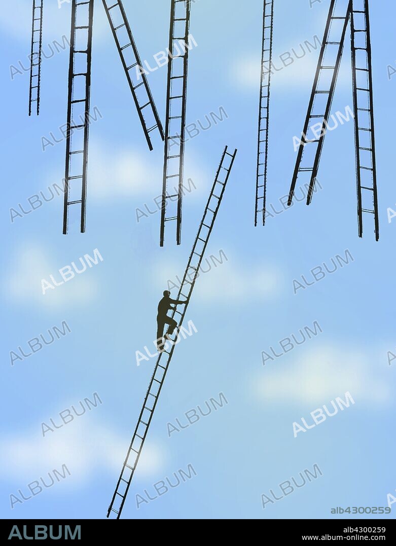 Man climbing ladder towards lots of ladders in sky.