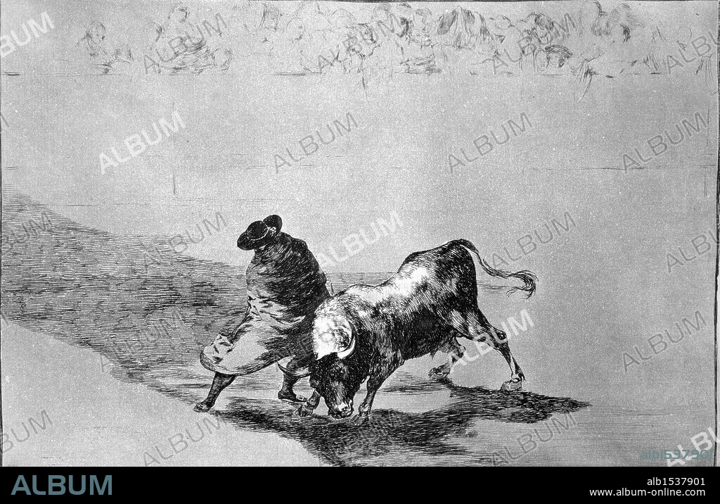 Francisco de Goya y Lucientes (Fuendetodos, 1746-Burdeos, 1828). Grabado. Serie "Tauromaquia" (aguafuerte). Plancha 14ª: El diestrísimo estudiante de Falces, embozado burla el toro con sus quiebros. Primera edición. Madrid, 1816.