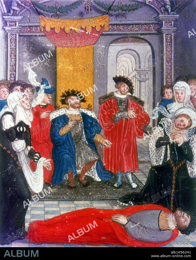 Trojan War: King Priam of Troy mourning over the body of his son Hector.  Legendary war between Greeks and Trojans 12th or 13th century BC.16th century manuscript. British Museum.